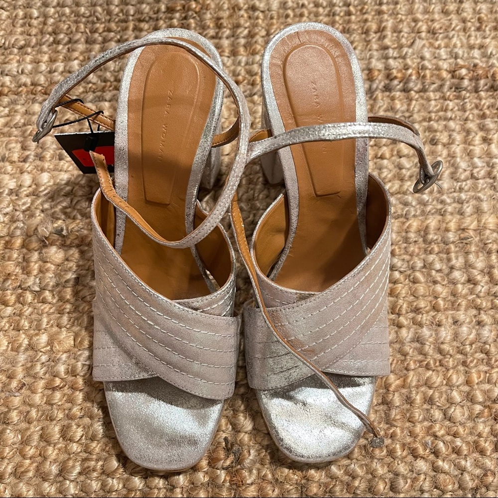 Zara metallic silver chunky heel sandal with ankle strap - size 38